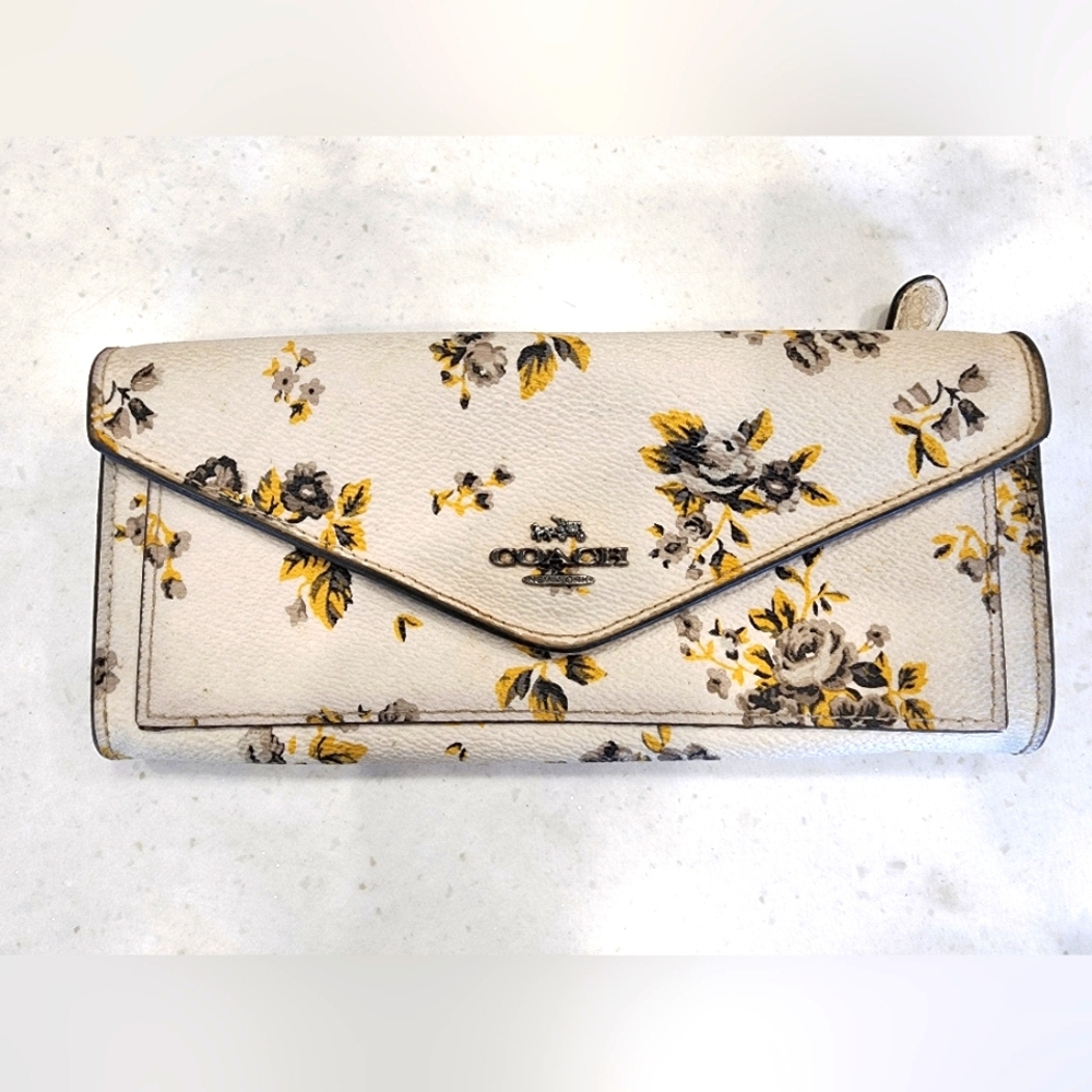 Coach Envelope Soft Wallet White Chalk Prairie Print Floral Pebble Leather - Picture 2 of 11